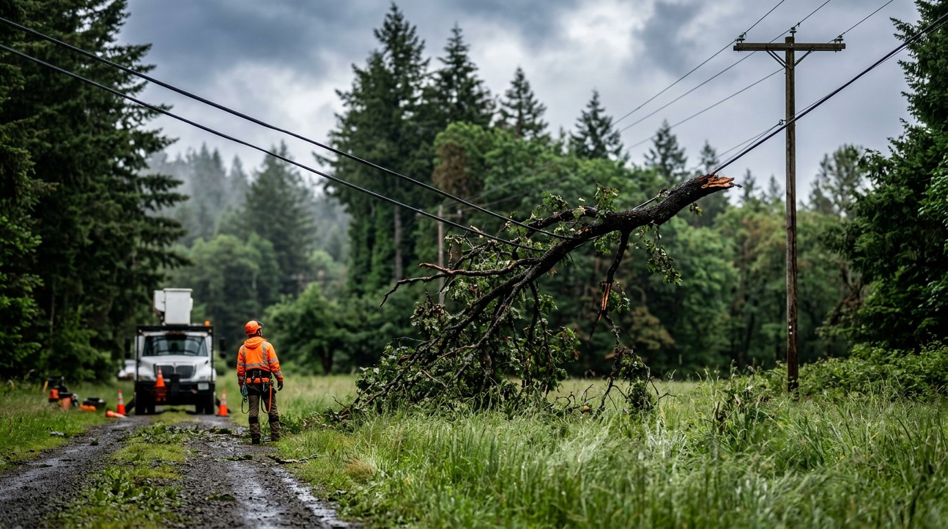 A storm-damaged tree limb resting near a power line clearance area on wet grass