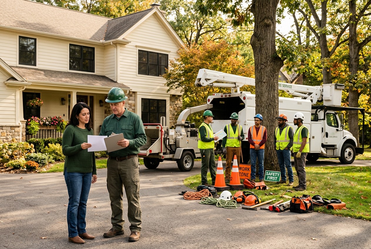 tree-care scene at a US home: homeowner and site supervisor reviewing blank insurance documents while identified crew and sub