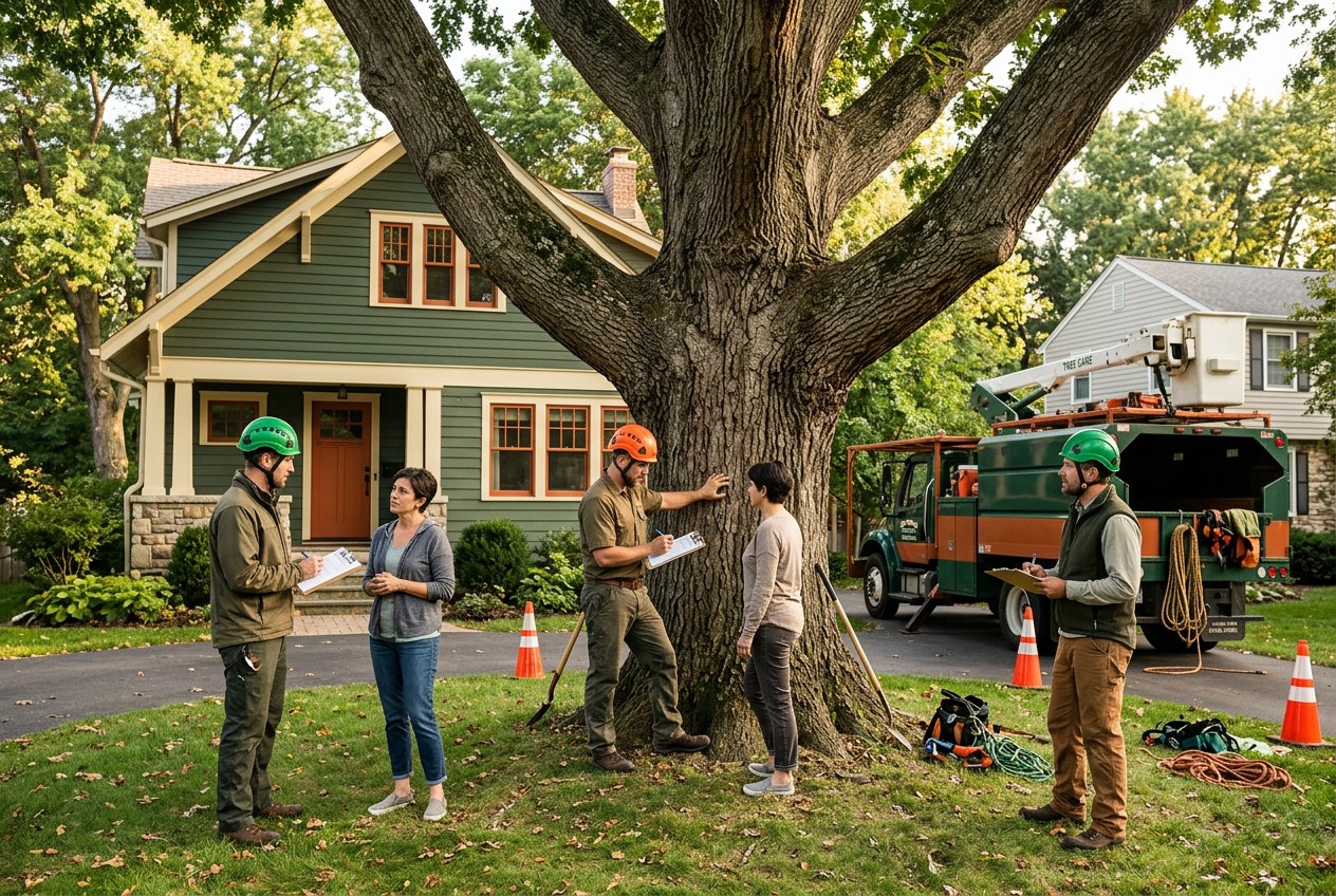 Three certified arborists separately inspecting a mature oak at a suburban US home, each discussing an itemized estimate with