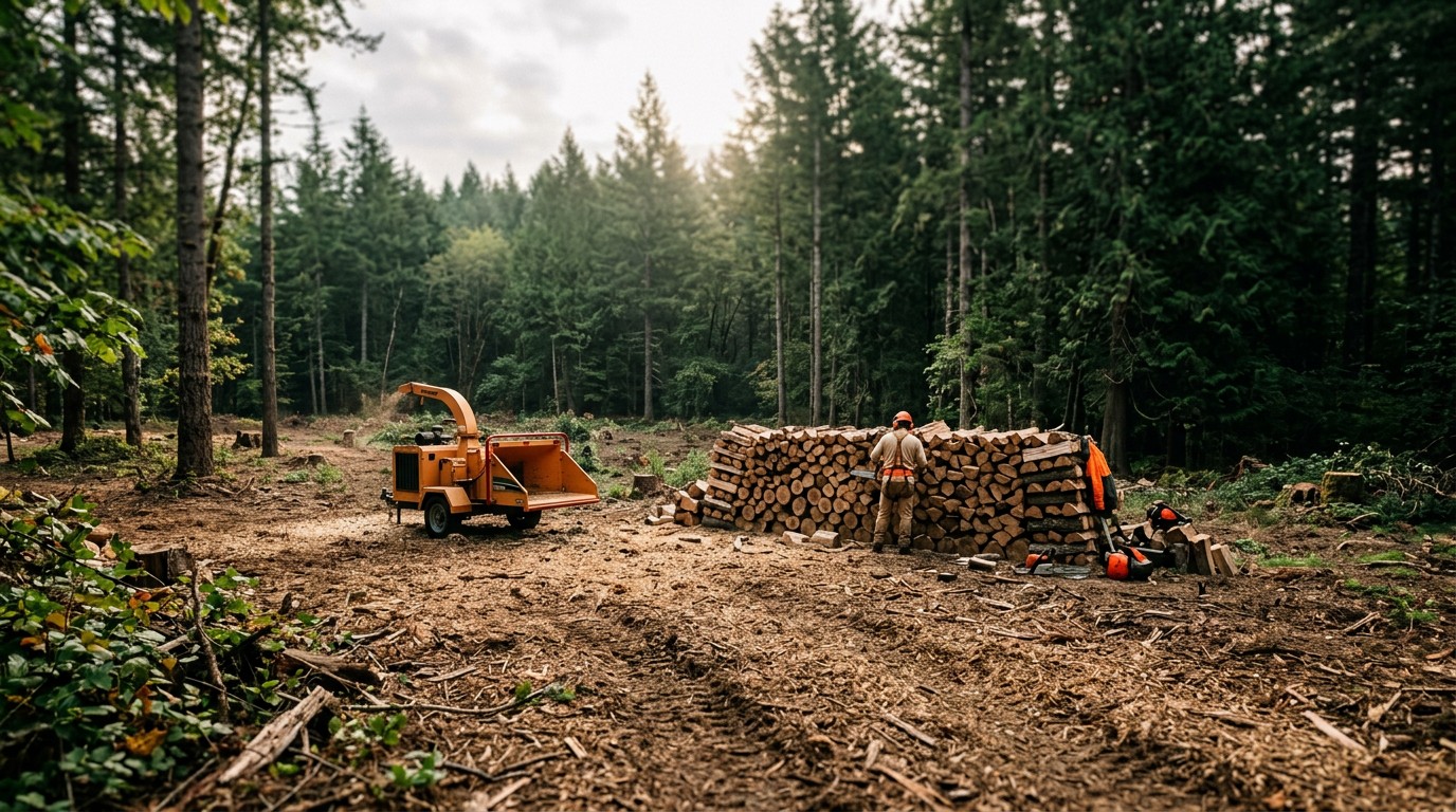 A partially cleared wooded acre with a stack of logs and mulched ground, tree line behind