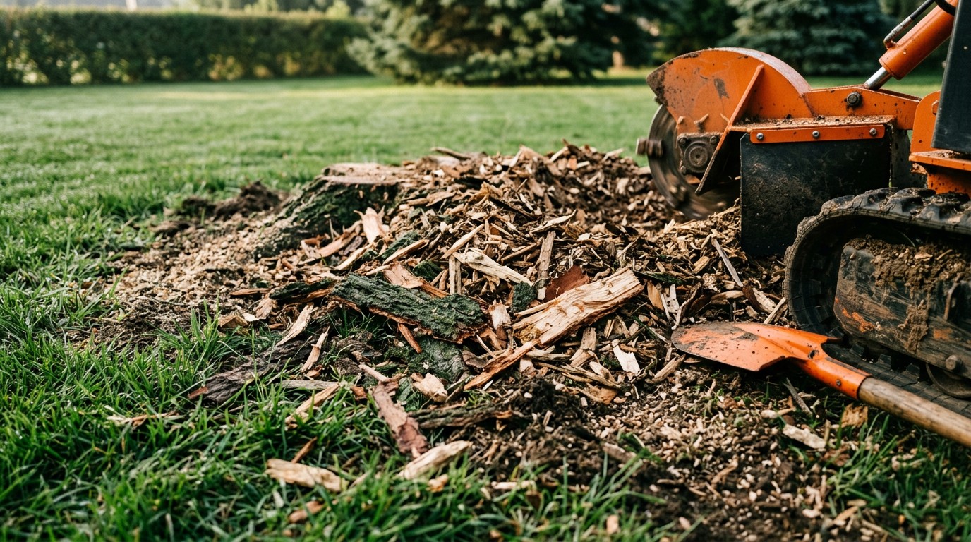 Overhead view of a tree stump freshly ground down to mulch and wood chips in a lawn