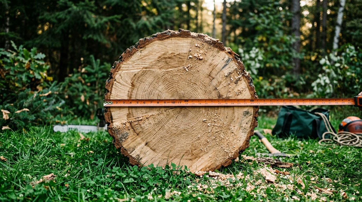 Freshly cut oak log section on grass with an orange tape measure showing the trunk diameter