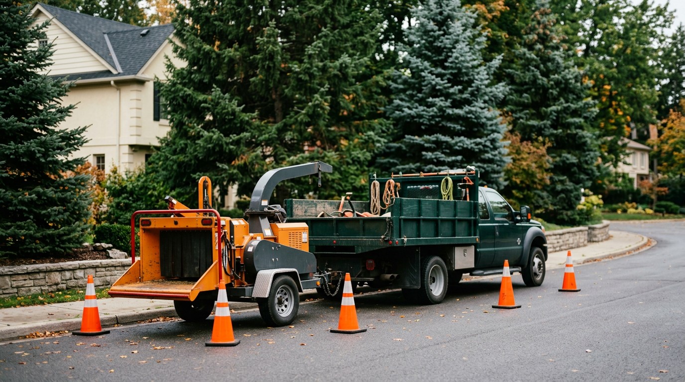 A tree service crew truck with a wood chipper and orange cones set up around a work zone