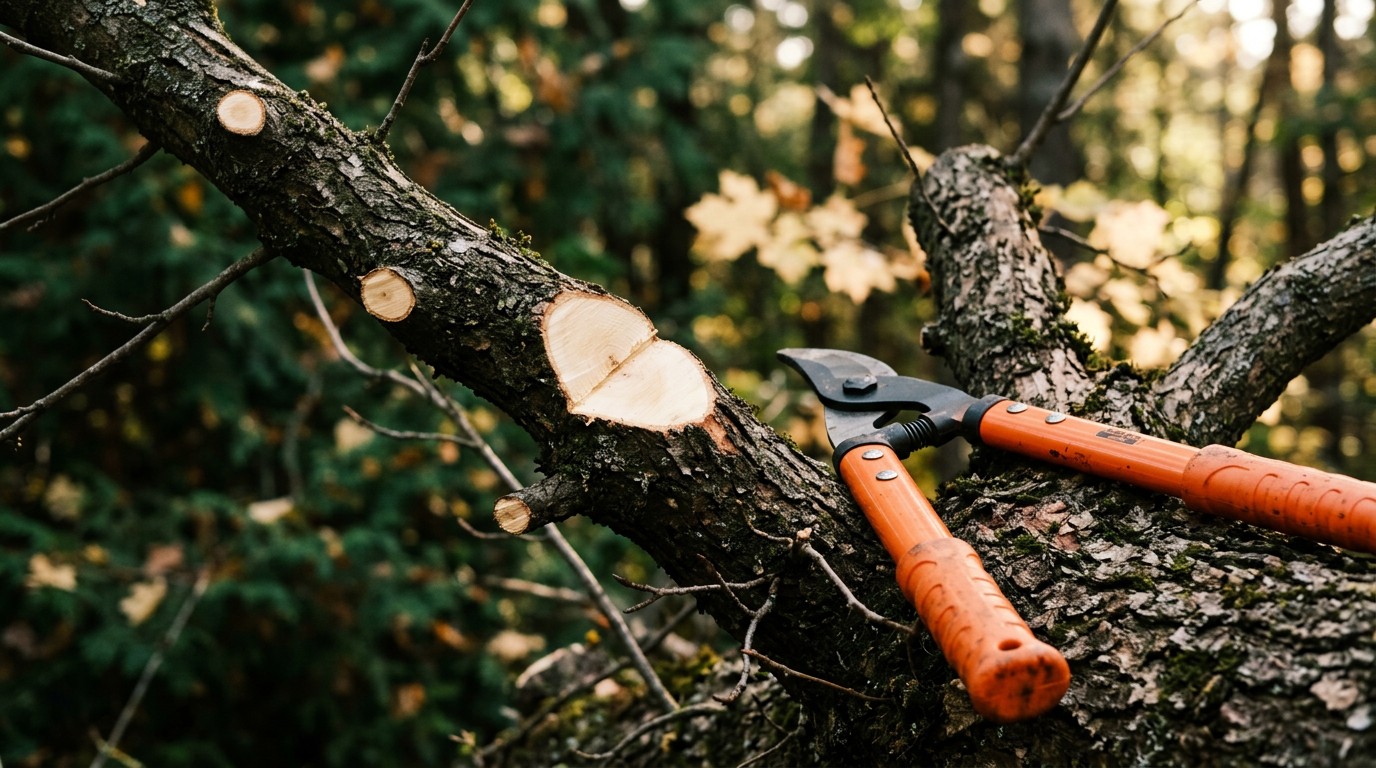 Close-up of clean pruning cuts on a maple branch with orange-handled loppers nearby