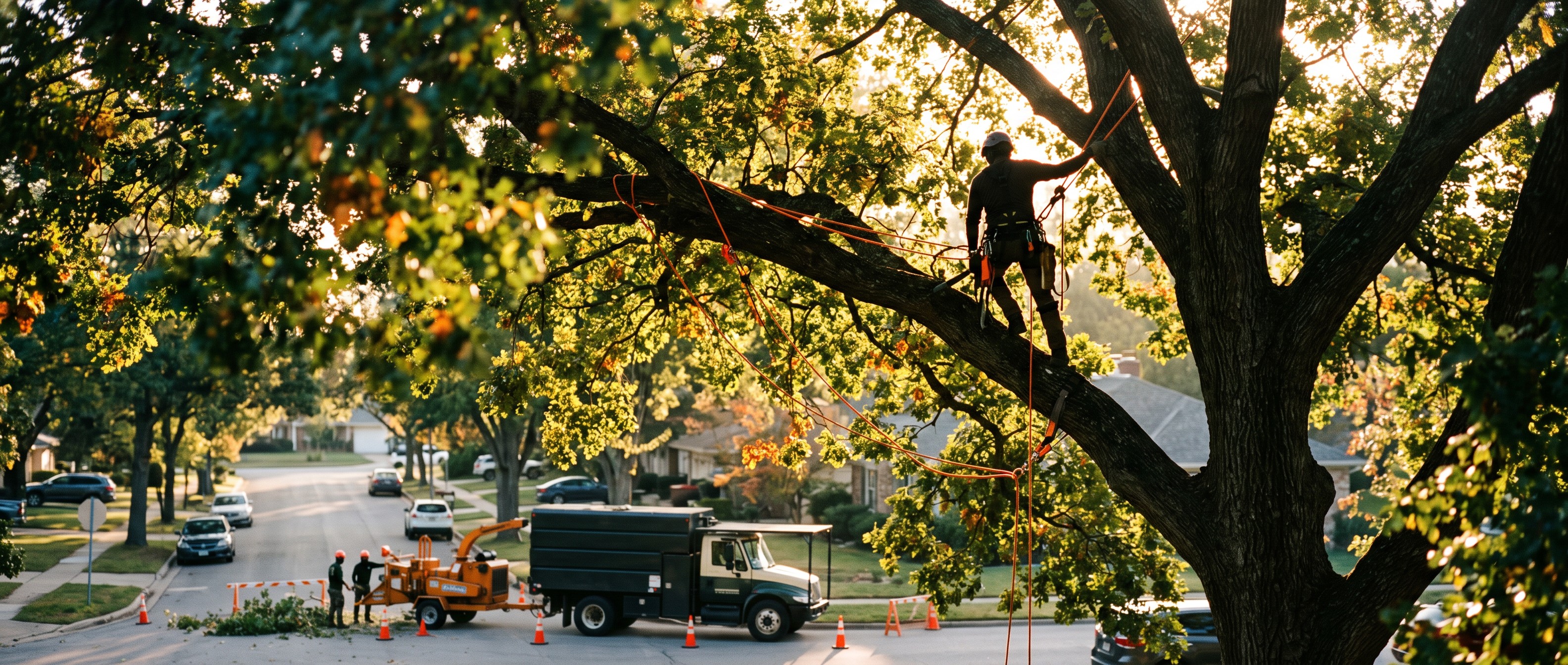 Tree service crew working on a large tree